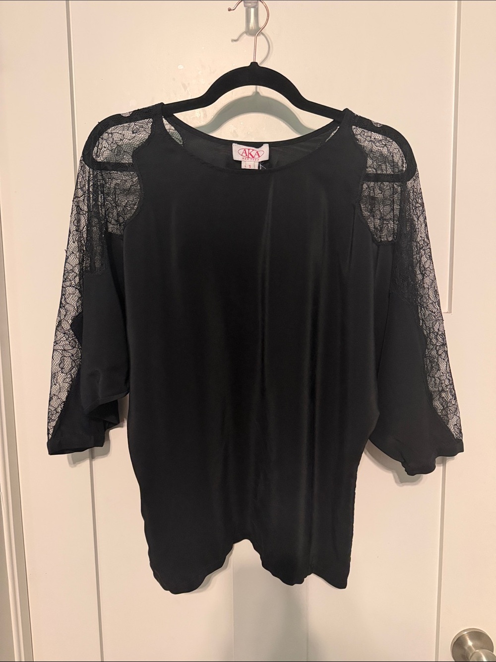 AKA New York Vintage Black 100% Silk Dolman Sleeve with Lace Trim Blouse Goth